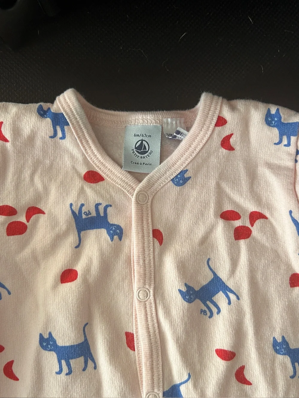 Petit Bateau Light Pink One-Piece Footie with Blue Cat and Red Leaf Print